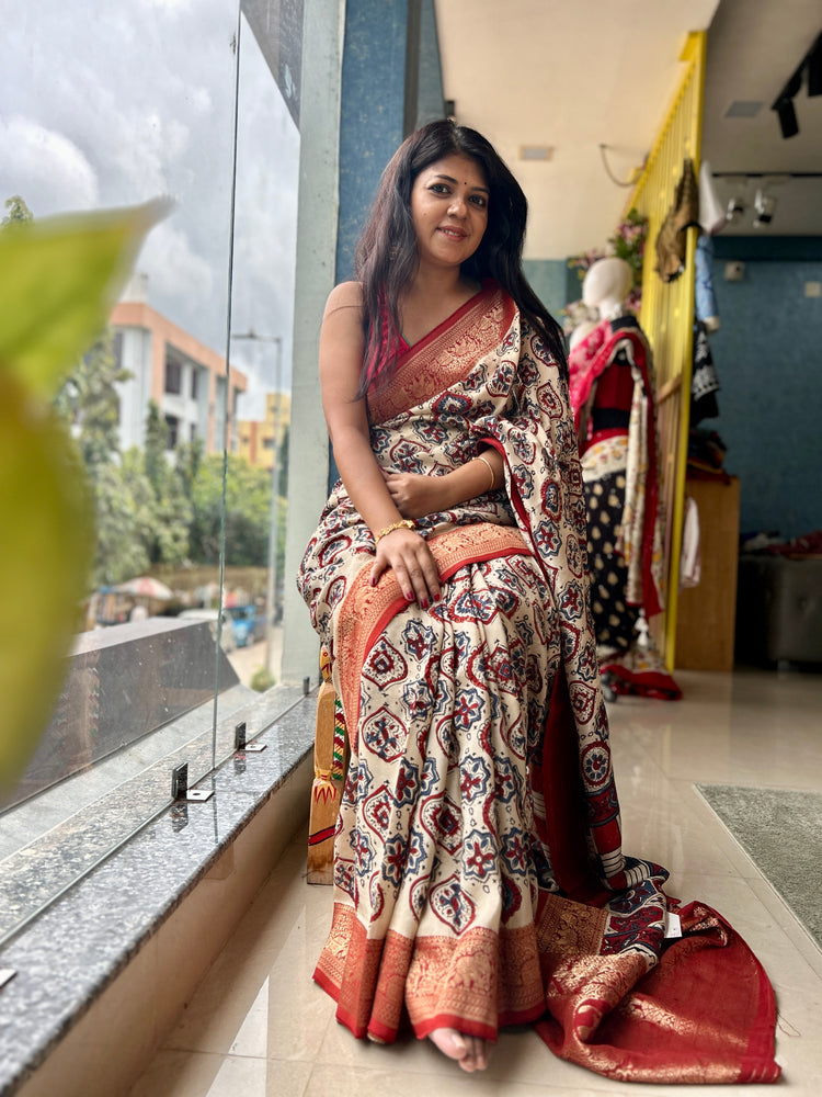 IVORY AJRAK BLOCK PRINTED DOLA SILK SARI