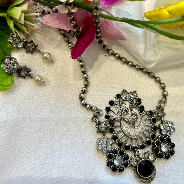 Peacock Black Stone Oxidised Necklace Set