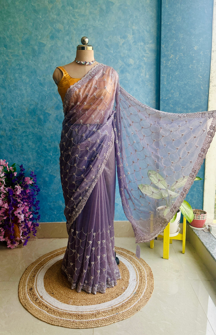 Light Purple Hand Embroidery on Tissue Sari
