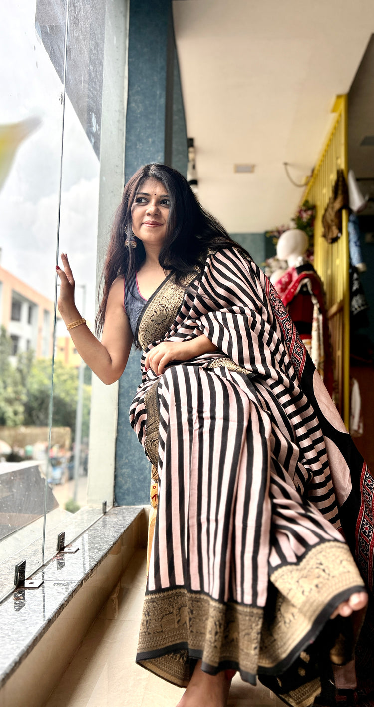 STRIPE AJRAK BLOCK PRINTED DOLA SILK SARI