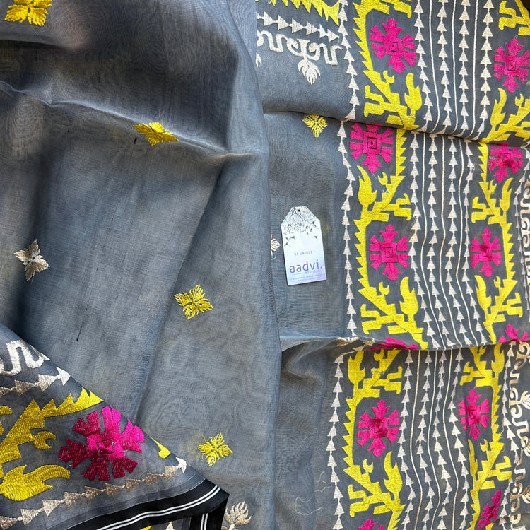 Grey Resham Silk Muslin Jamdani Saree