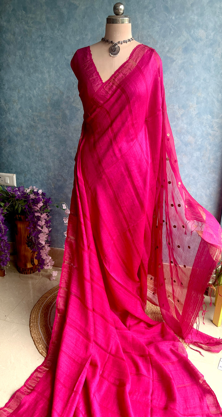 Magenta Handloom Matka Muslin Silk Sari