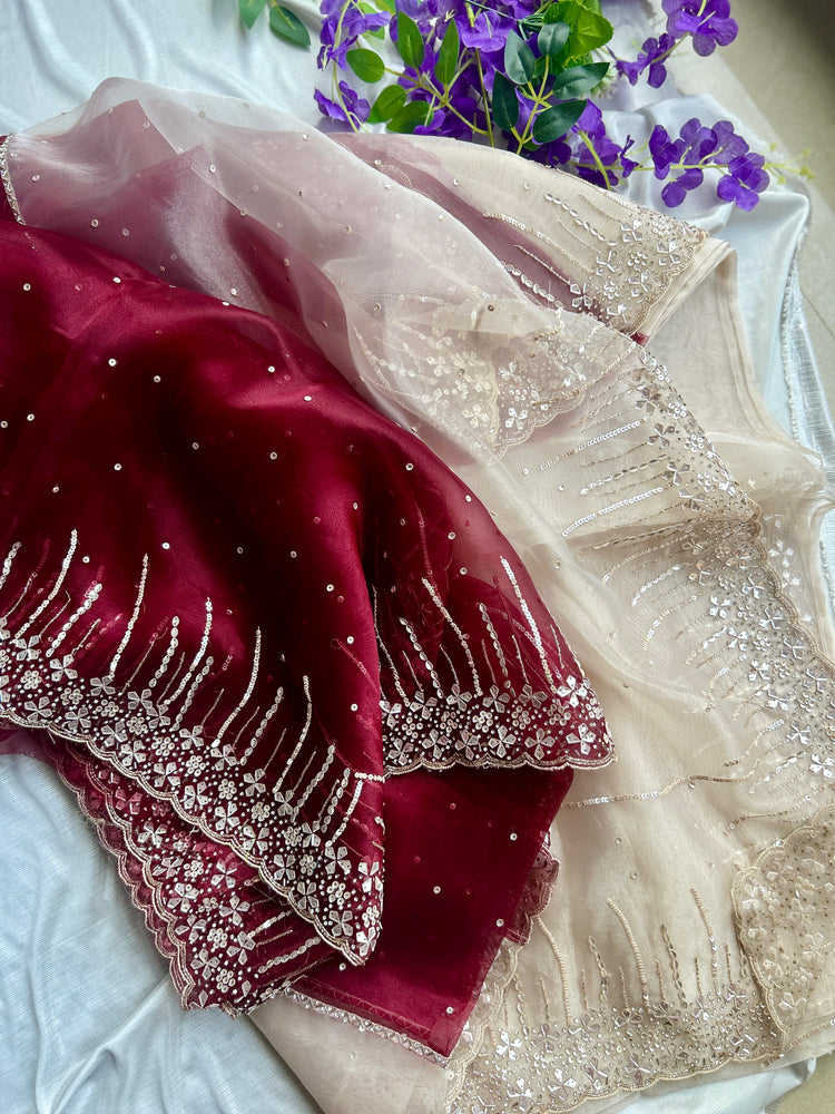 Maroon and Perl Colour Hand Embroidery on Organza Sari