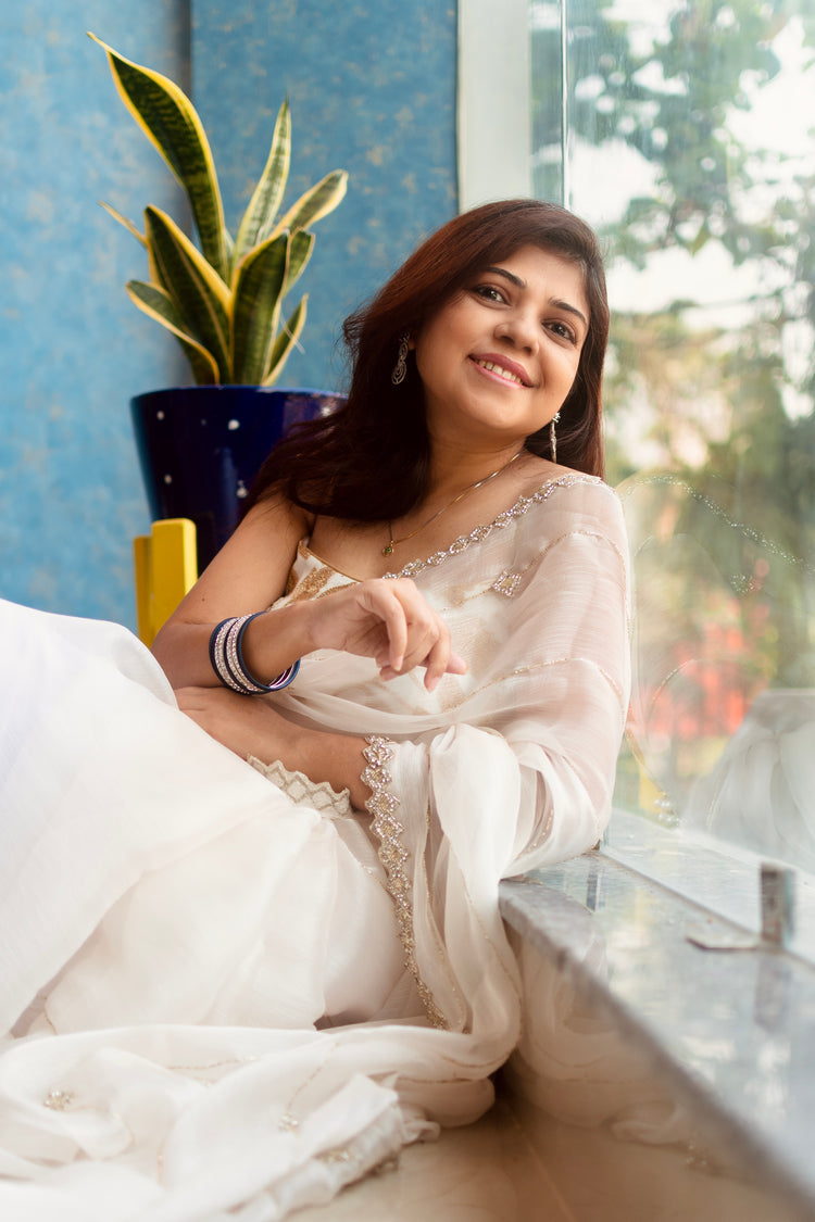 Hand Embroidery on White Jimmy Choo Sari