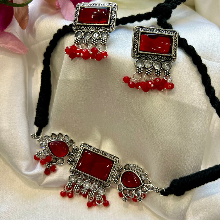 Maroon Kundan Oxidised Choker Set