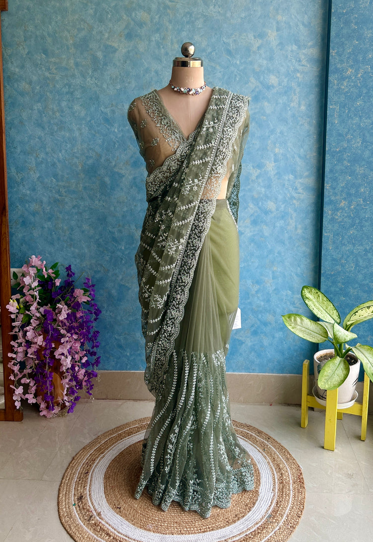 Seaweed Green Embroidery on Net Sari