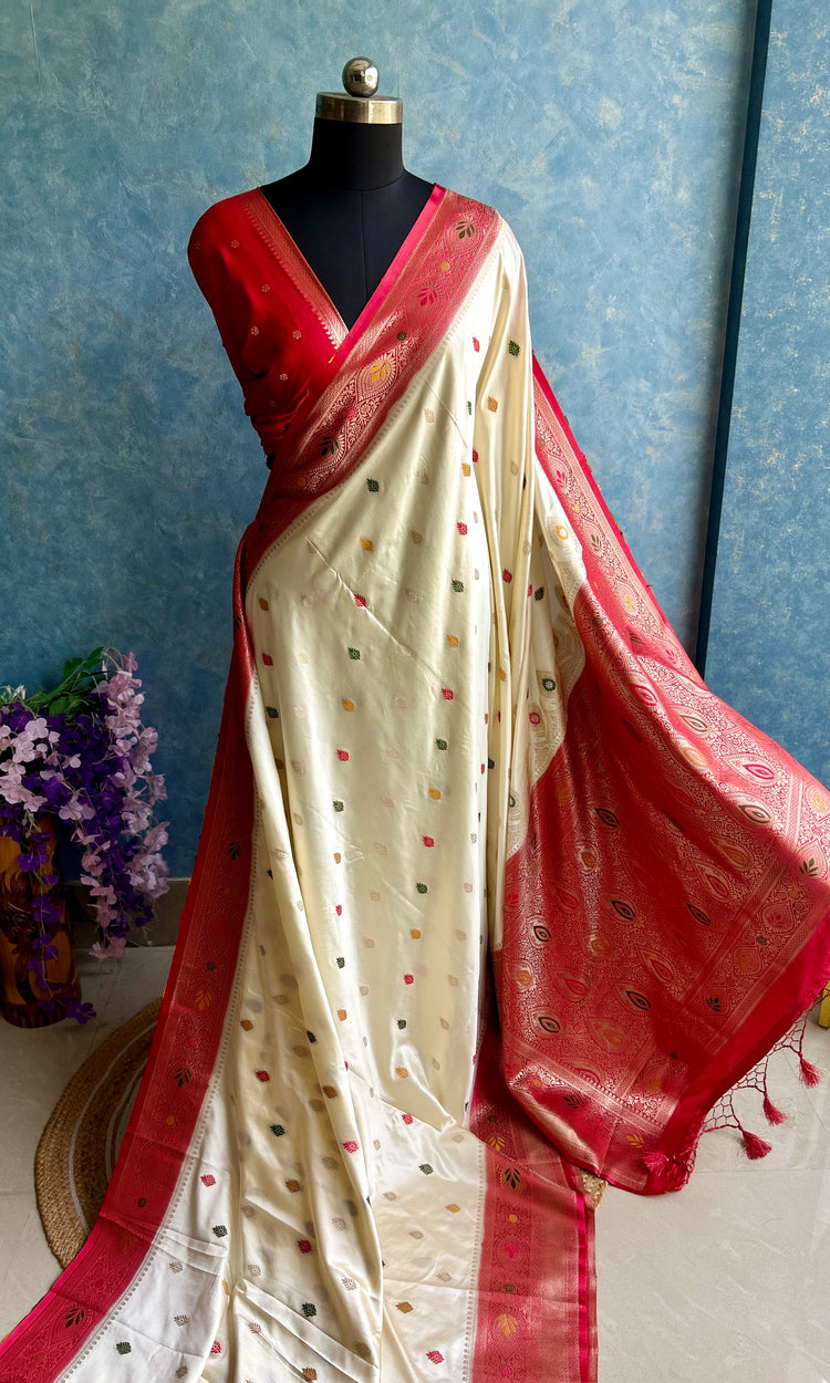 Golden Zari Red Masru Silk Sari