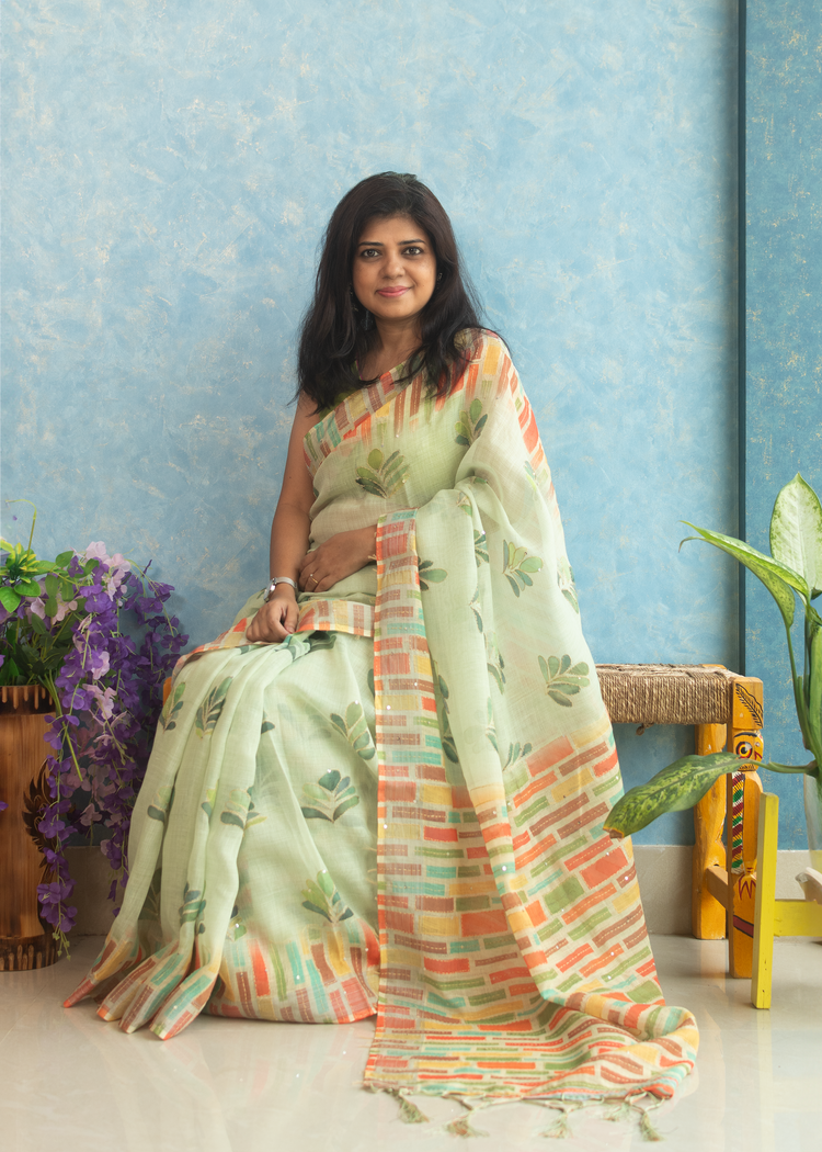 Linen Floral Print with Kantha stitch