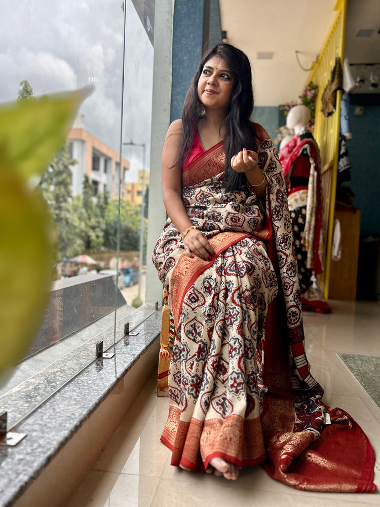 IVORY AJRAK BLOCK PRINTED DOLA SILK SARI