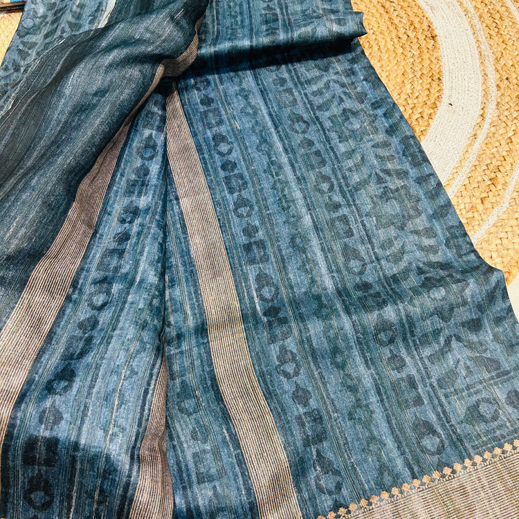 Steel Blue Semi Tussar Saree
