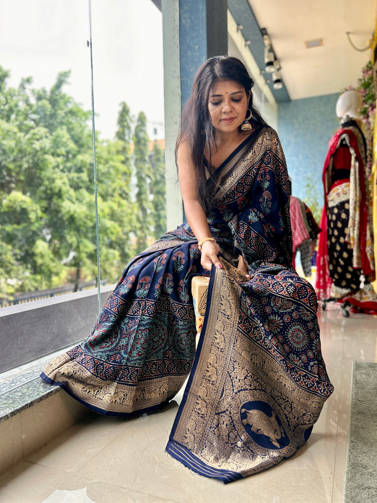 INDIGO AJRAK BLOCK PRINTED DOLA SILK SARI