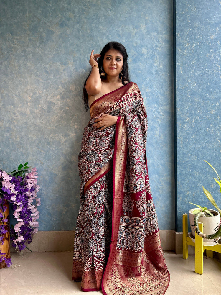 MAROON AJRAK BLOCK PRINTED DOLA SILK SARI