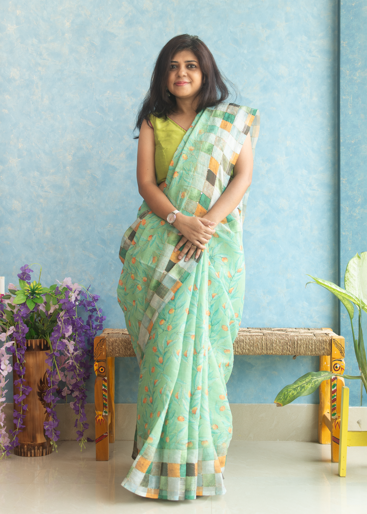 Linen Floral Print with Kantha stitch