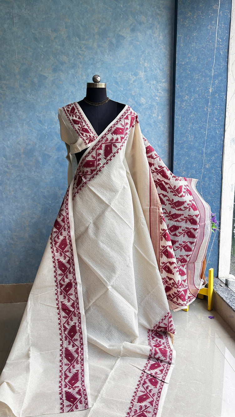 Off-White Maroon Traditional Jamdani