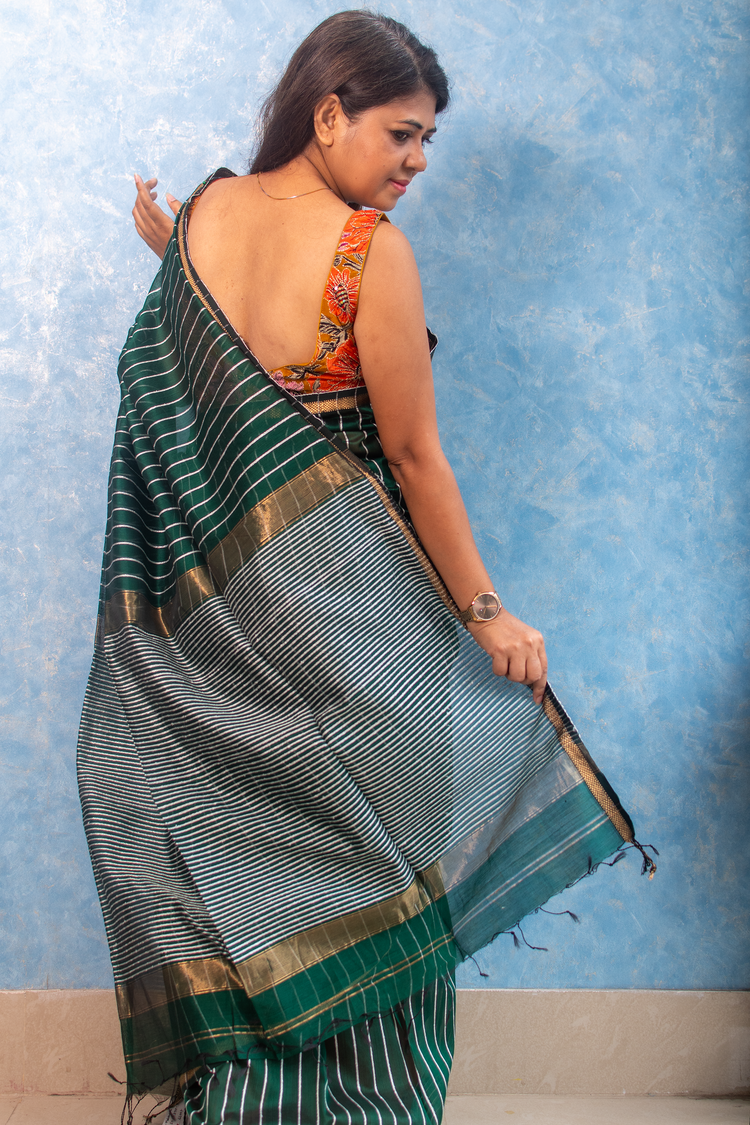 Pine Green Handwoven Maheshwari Sari