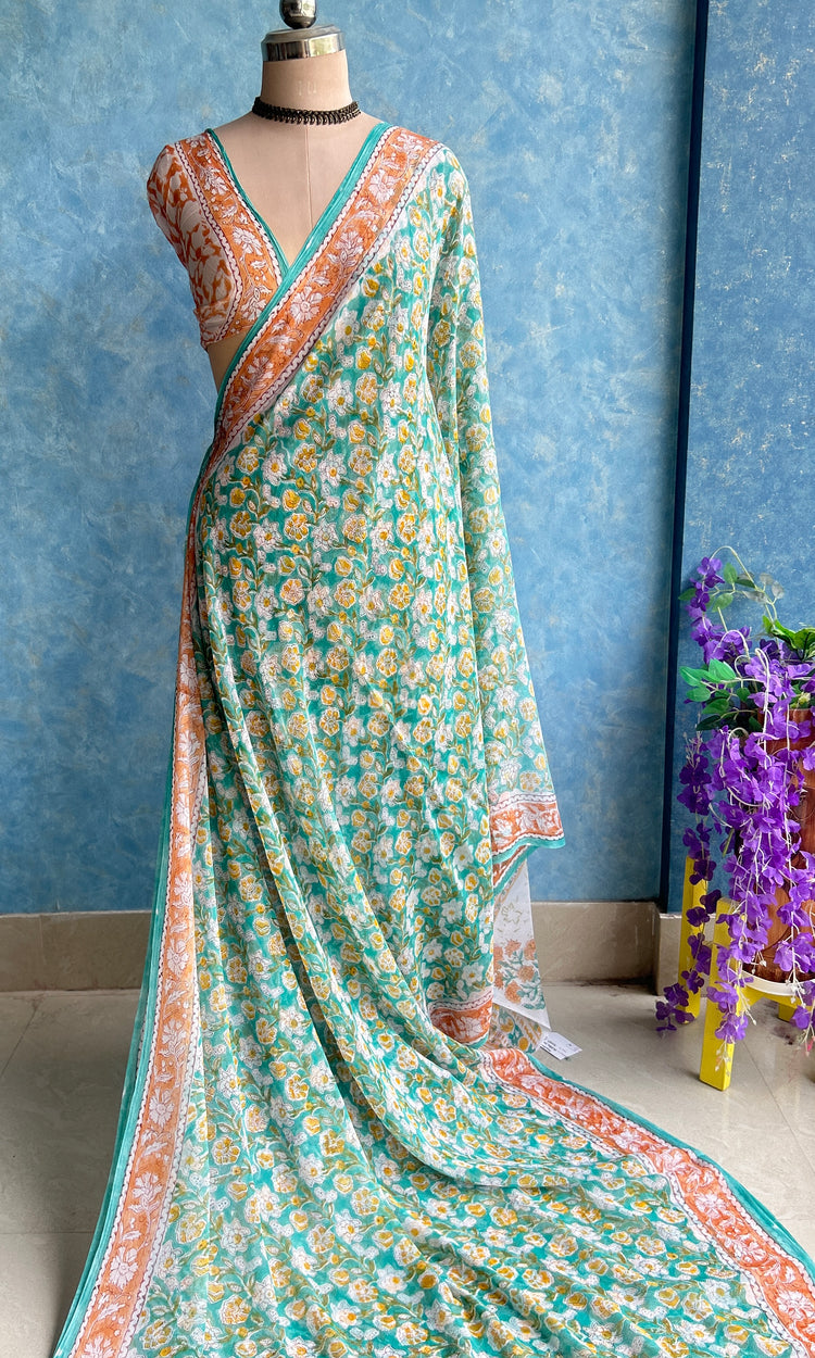 Green Chiffon Handblock Printed Saree