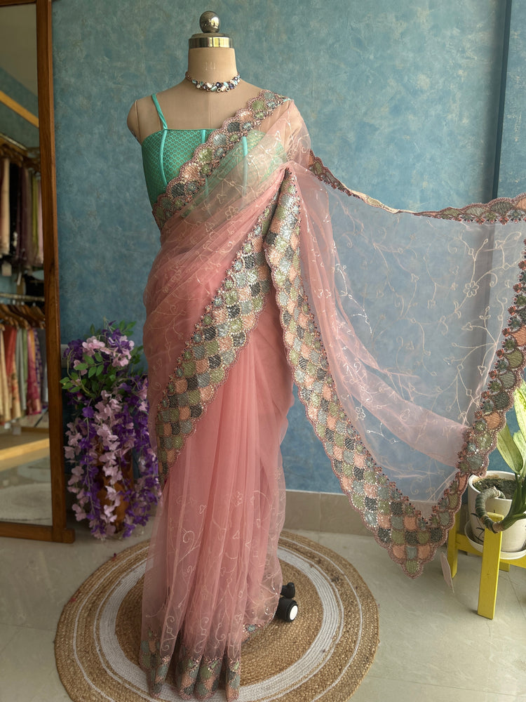 Pastle Pink Designer Net Sari
