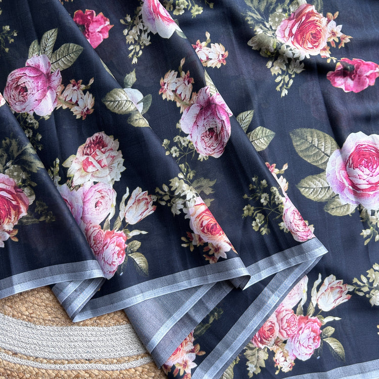 Crepe Chiffon Vintage Black Printed Saree