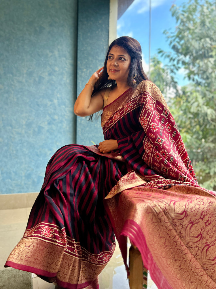 MAROON AJRAK BLOCK PRINTED DOLA SILK SARI