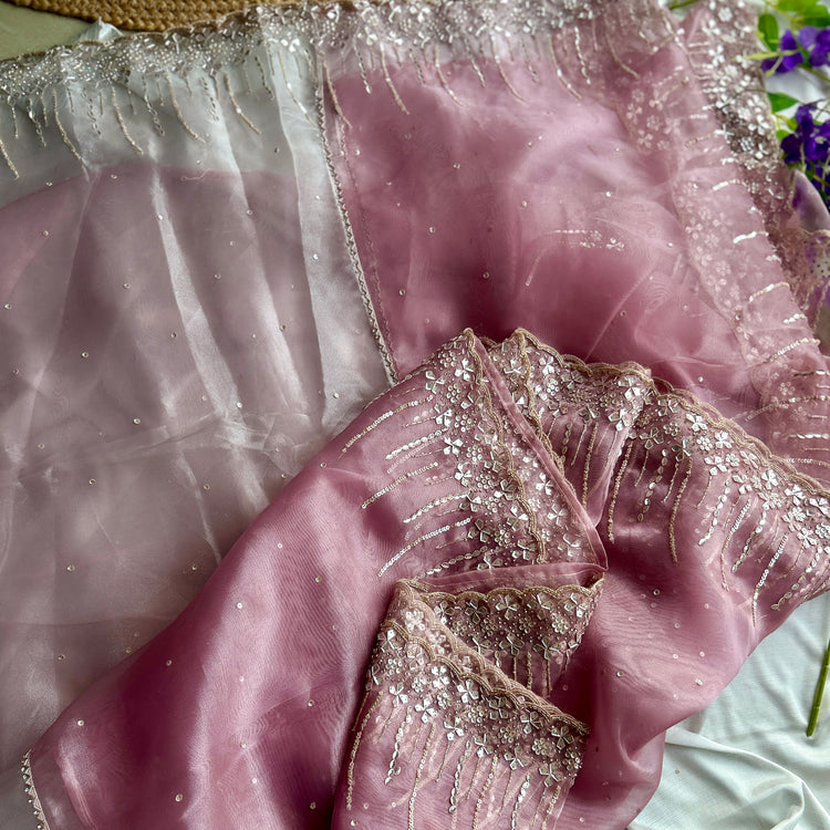 Plum and Perl Colour Hand Embroidery on Organza Sari