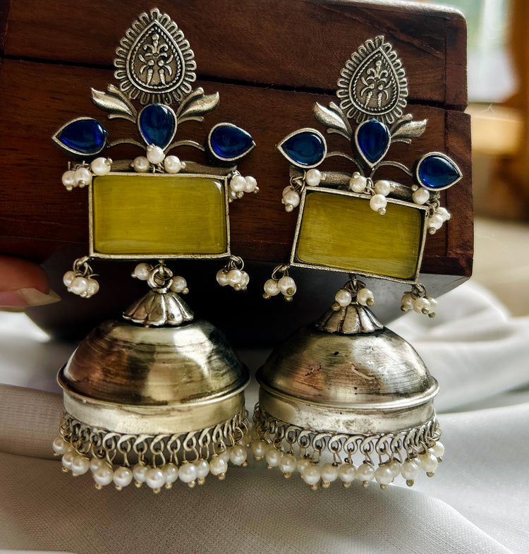 Yellow Silver Oxidised Jhumka