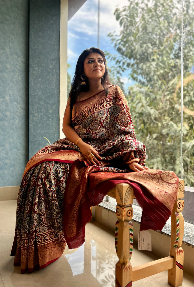 MAROON AJRAK BLOCK PRINTED DOLA SILK SARI