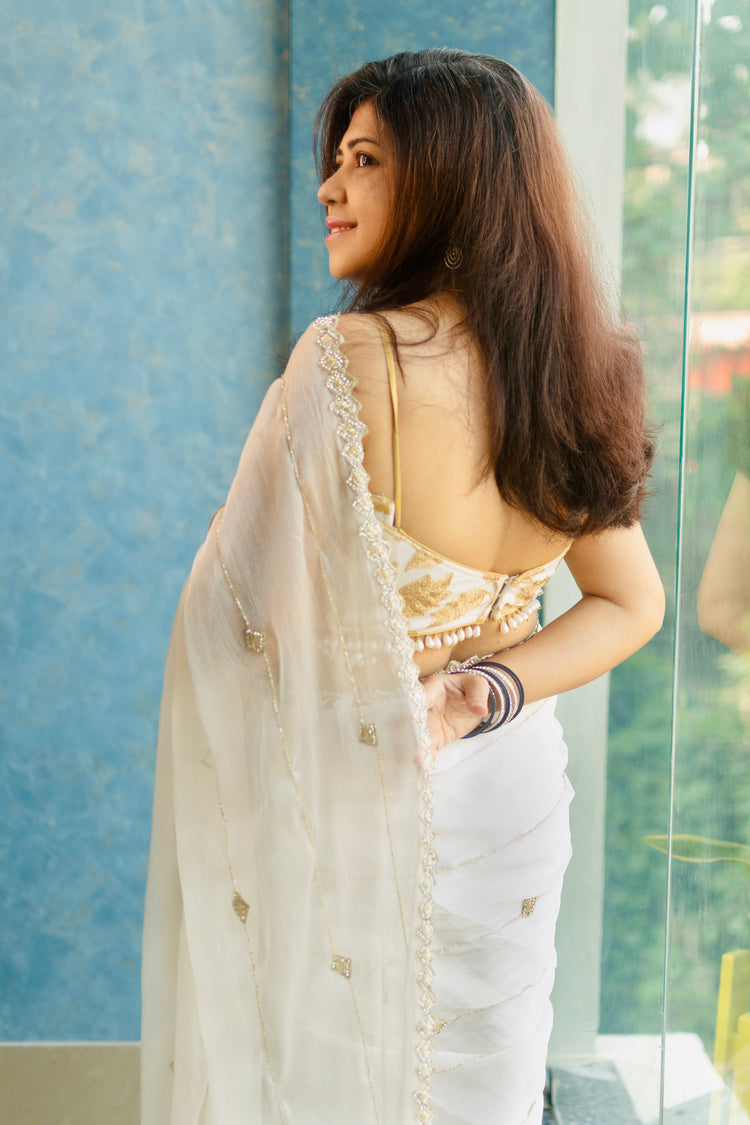 Hand Embroidery on White Jimmy Choo Sari