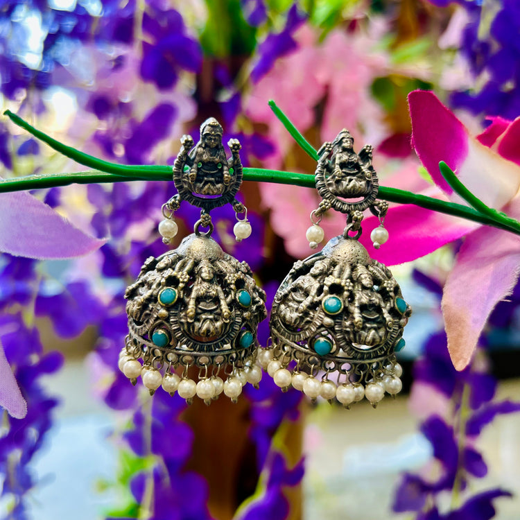 Sky Blue Stone Silver Oxidised Jhumka