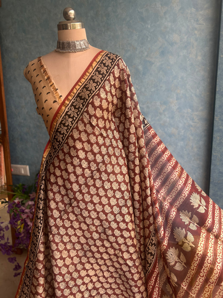 Spice Hand Block Printed Chanderi Sari
