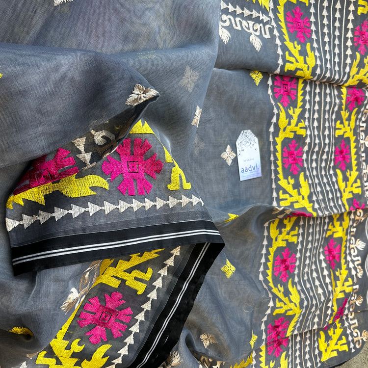 Grey Resham Silk Muslin Jamdani Saree