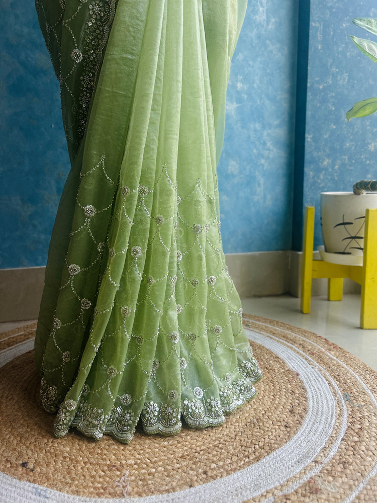 Sheen Green Hand Embroidery on Tissue Sari