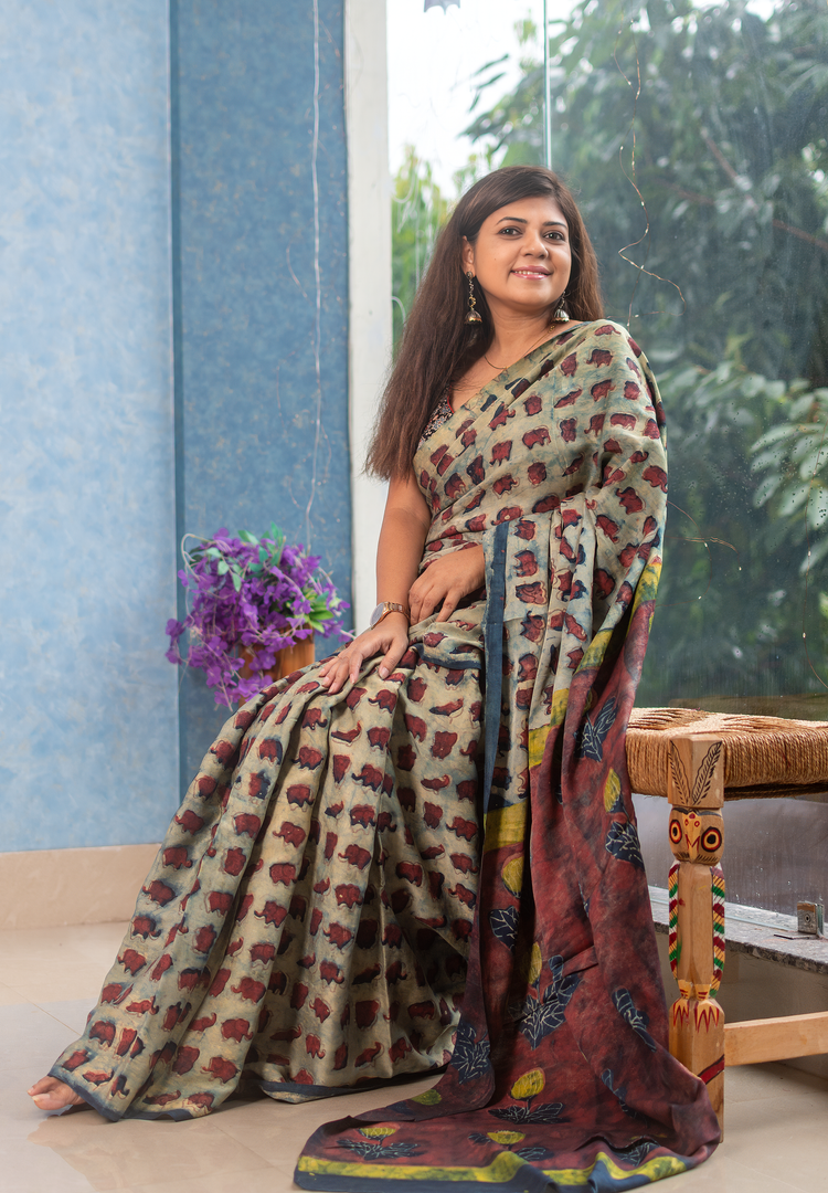 Natural Pomegranate Peel Dyed Modal Tussar Ajrakh Saree