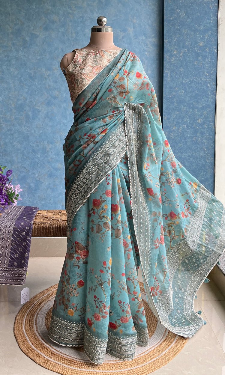 Powder Blue Digital Printed Chanderi Sari