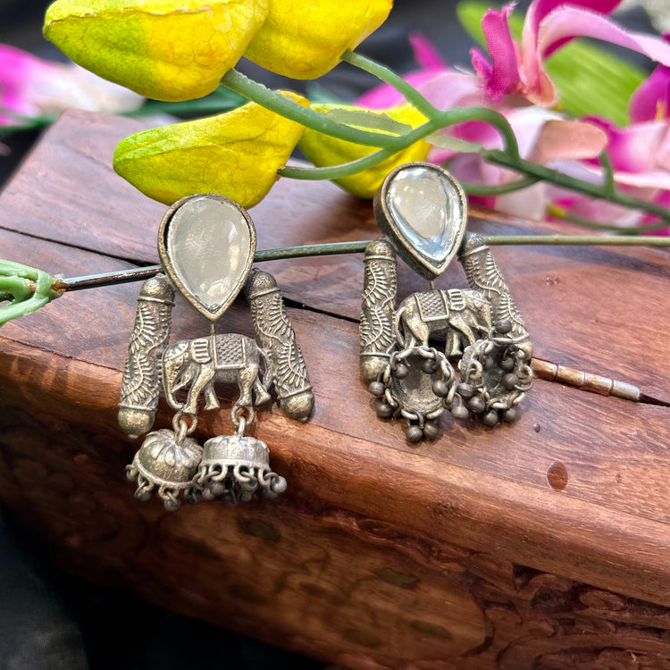 Monalisa Stone Silver Oxidised Jhumka
