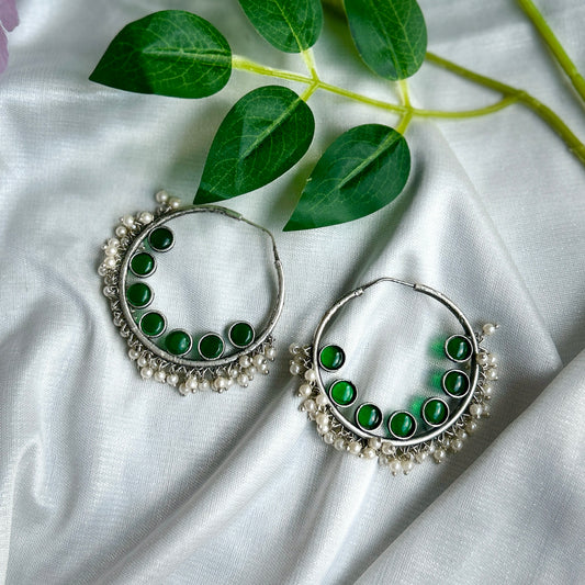 Green Silver Oxidised Earrings