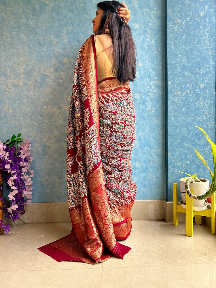 MAROON AJRAK BLOCK PRINTED DOLA SILK SARI