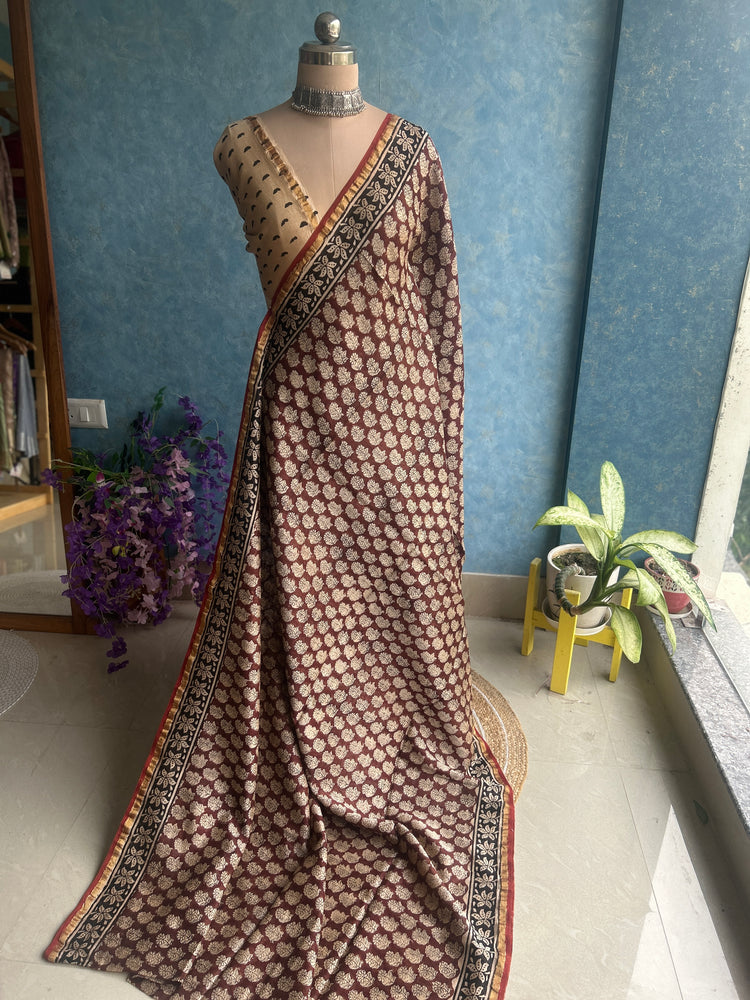Spice Hand Block Printed Chanderi Sari