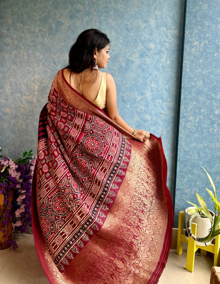 MAROON AJRAK BLOCK PRINTED DOLA SILK SARI