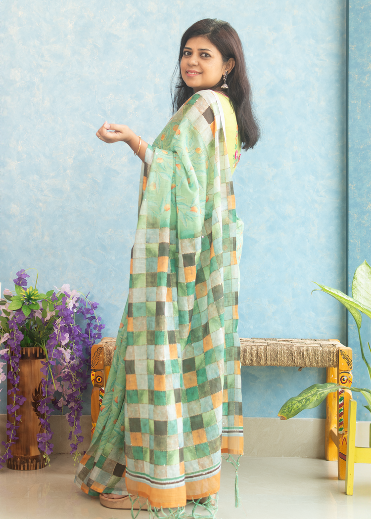 Linen Floral Print with Kantha stitch