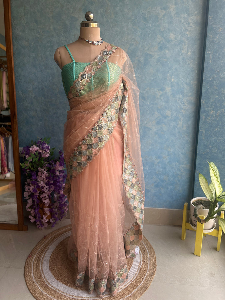 Peach Shades Designer Net Sari