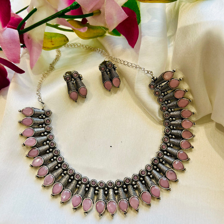 Baby Pink Silver Look Alike Oxidised Necklace Set