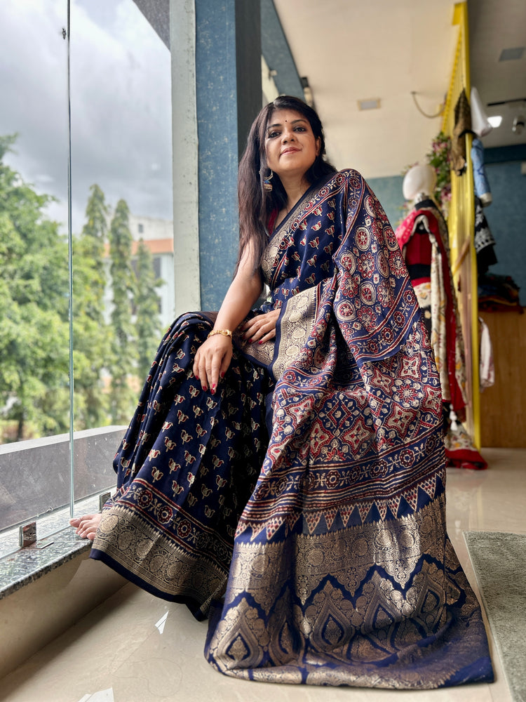 INDIGO AJRAK BLOCK PRINTED DOLA SILK SARI