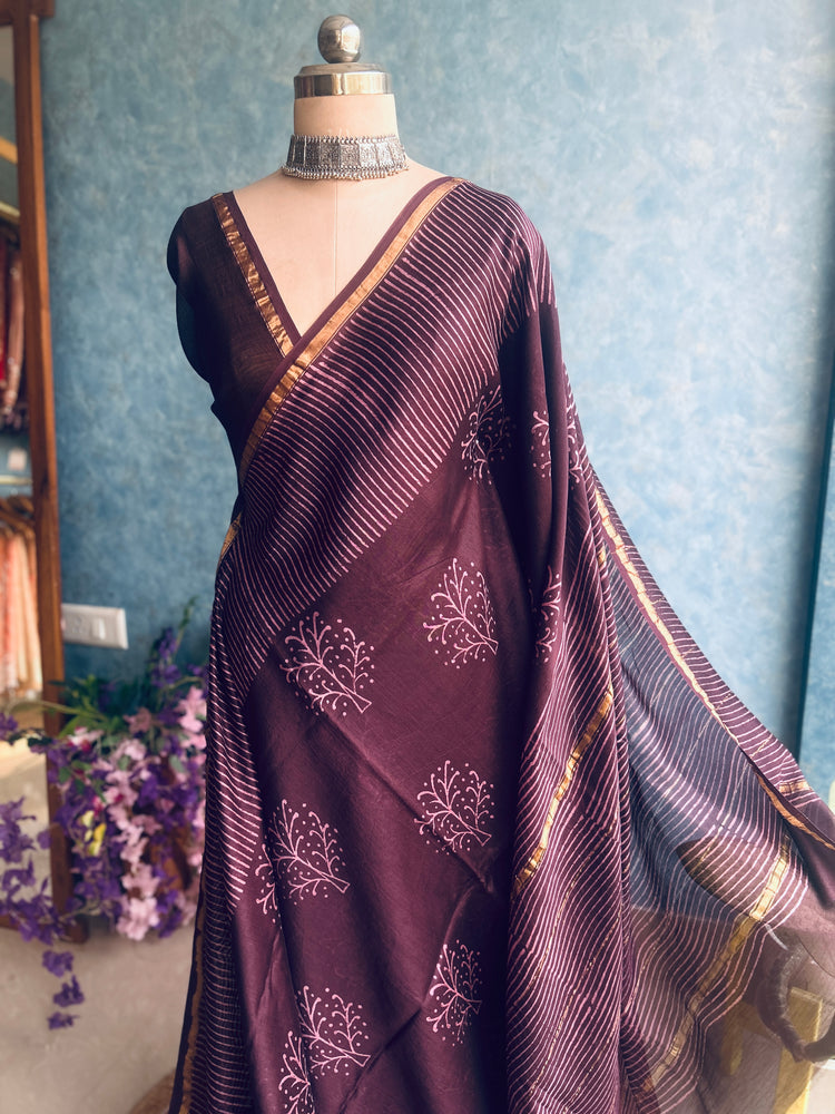 Plum Hand Block Printed Chanderi Sar