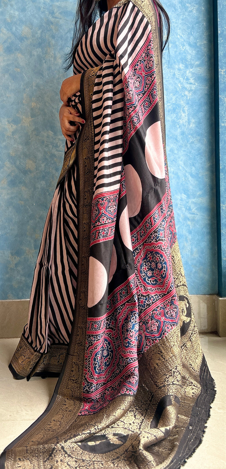STRIPE AJRAK BLOCK PRINTED DOLA SILK SARI