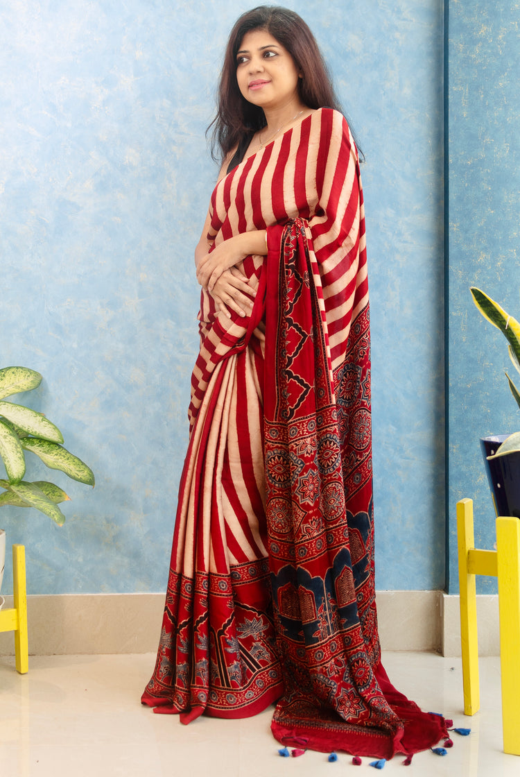 RUBY RED AJRAK BLOCK PRINTED MODAL SILK SARI