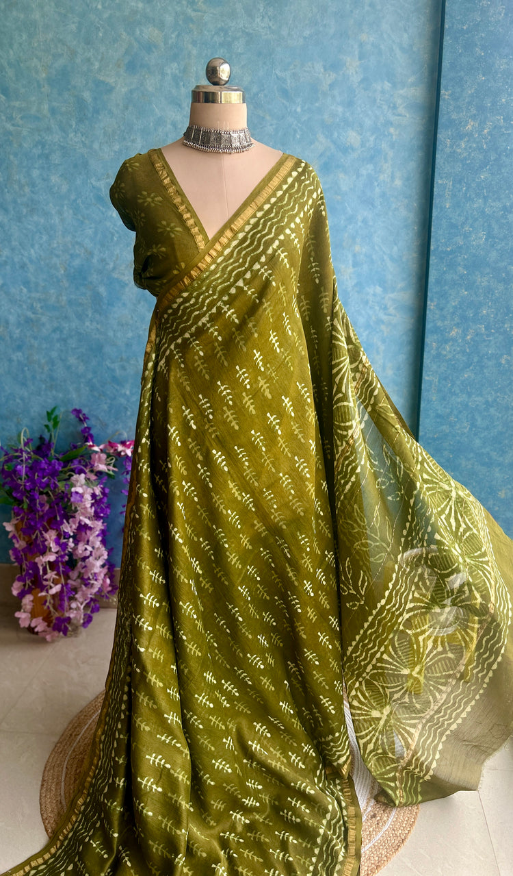 Mahendi Green Hand Block Printed Chanderi Sari