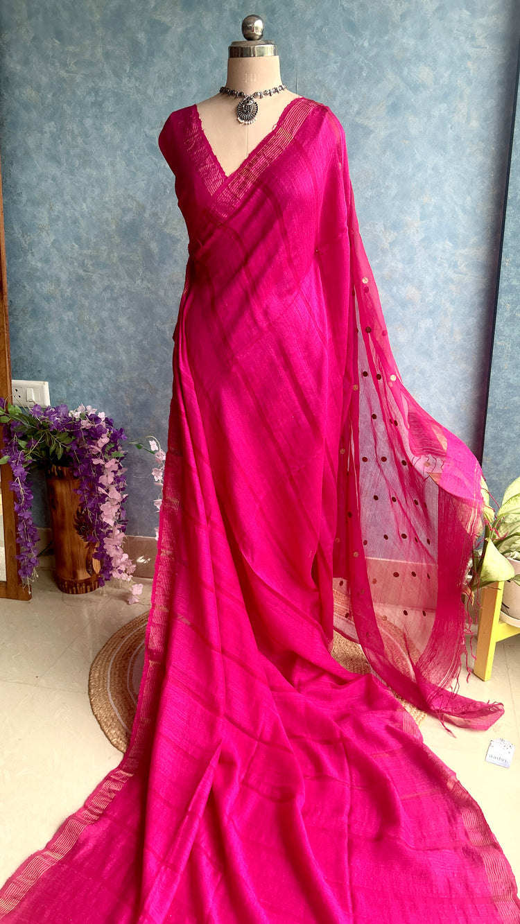 Magenta Handloom Matka Muslin Silk Sari