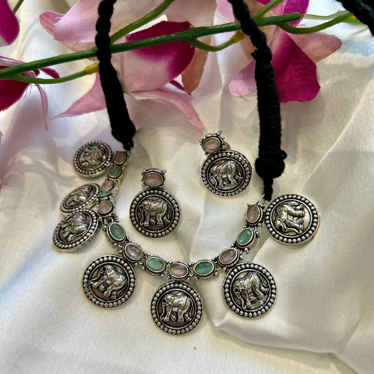 Pastle Multicolor Coin Oxidised Choker Set