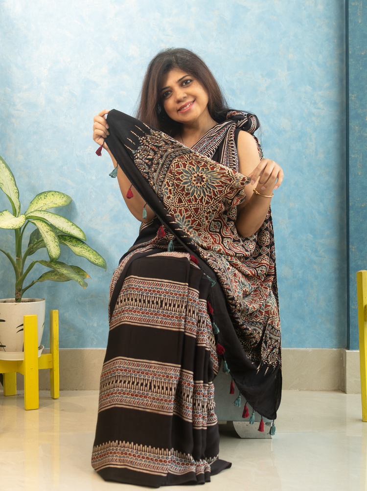 BLACK AJRAK BLOCK PRINTED MODAL SILK SARI