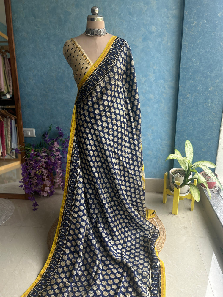 Midnight Hand Block Printed Chanderi Sari